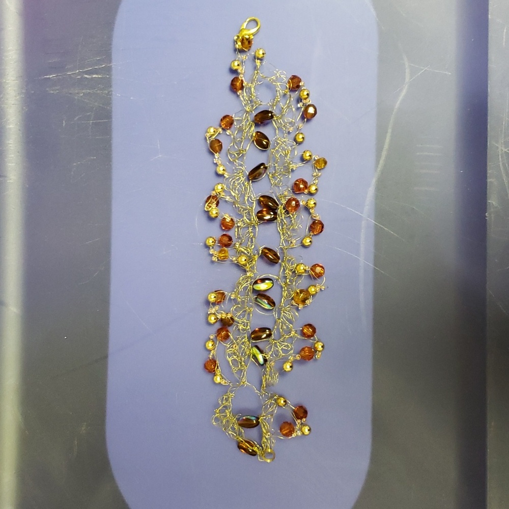 Gold wire and amber bead crochet cuff bracelet-new.